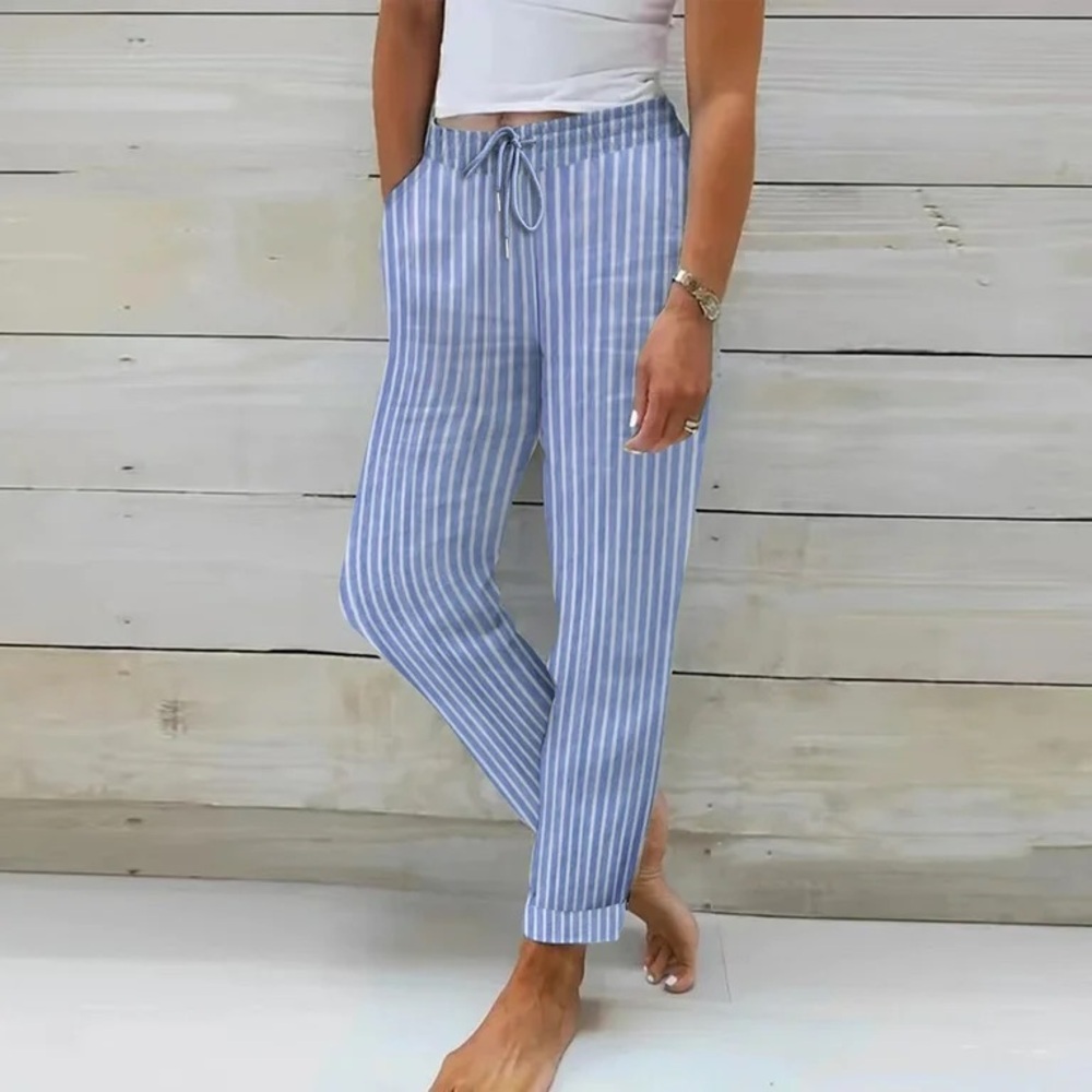 Women’s Size 4 Blue/White Stripe Linen Pull On Taper Leg Trousers